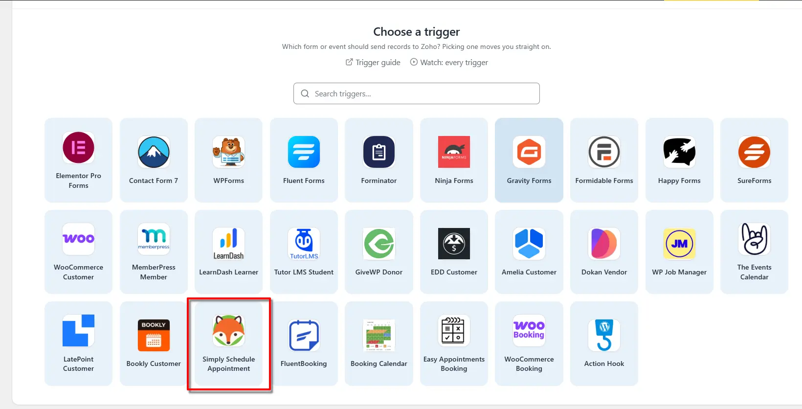 Simply Schedule Appointments Zoho Integration: Send Appointment Data to Zoho 2 Simply Schedule Appointments selected as the trigger app in FormBridge for Zoho