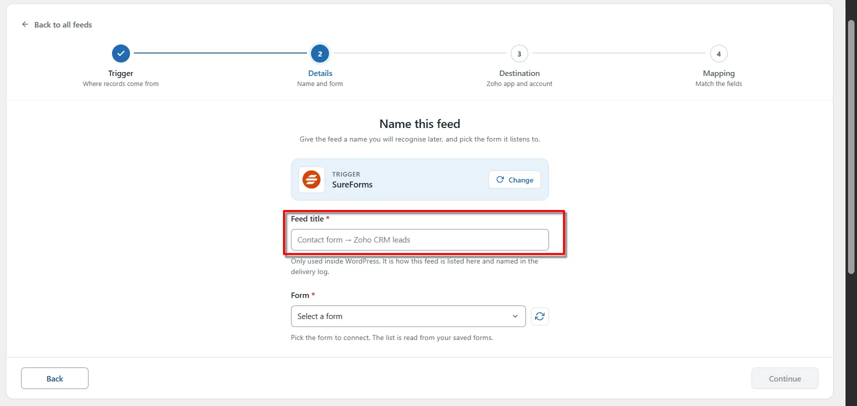 SureForms 3 Feed title field on the add feed screen in FormBridge for Zoho