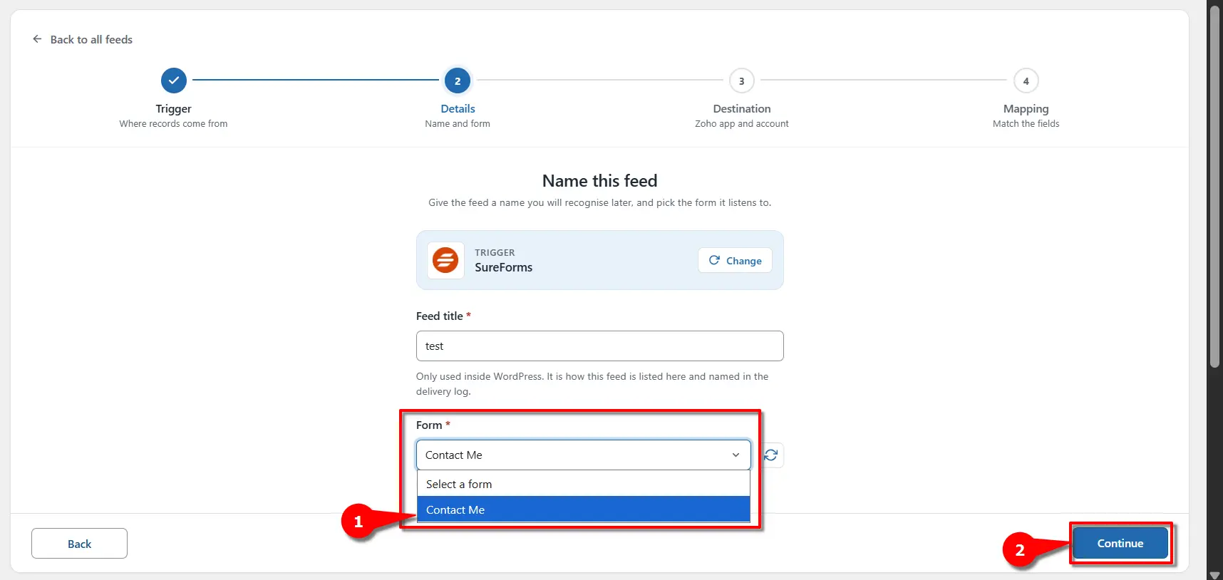 SureForms 4 Selecting a SureForms form from the form dropdown in FormBridge for Zoho