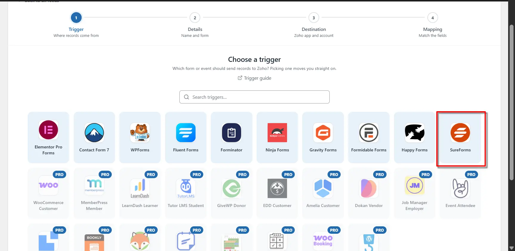 SureForms 2 SureForms selected as the trigger app in FormBridge for Zoho