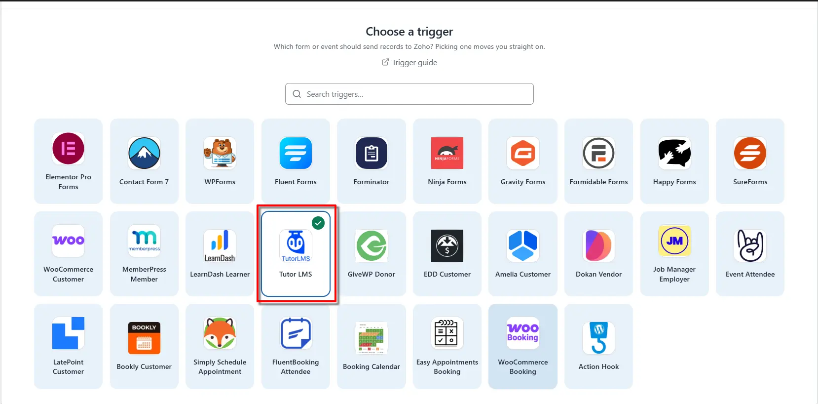 Tutor LMS Zoho Integration: Send Students Data to Zoho 2 Tutor LMS selected as the trigger app in FormBridge for Zoho