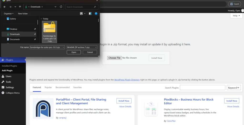 Uploading the FormBridge for Zoho Pro ZIP file and clicking Install Now