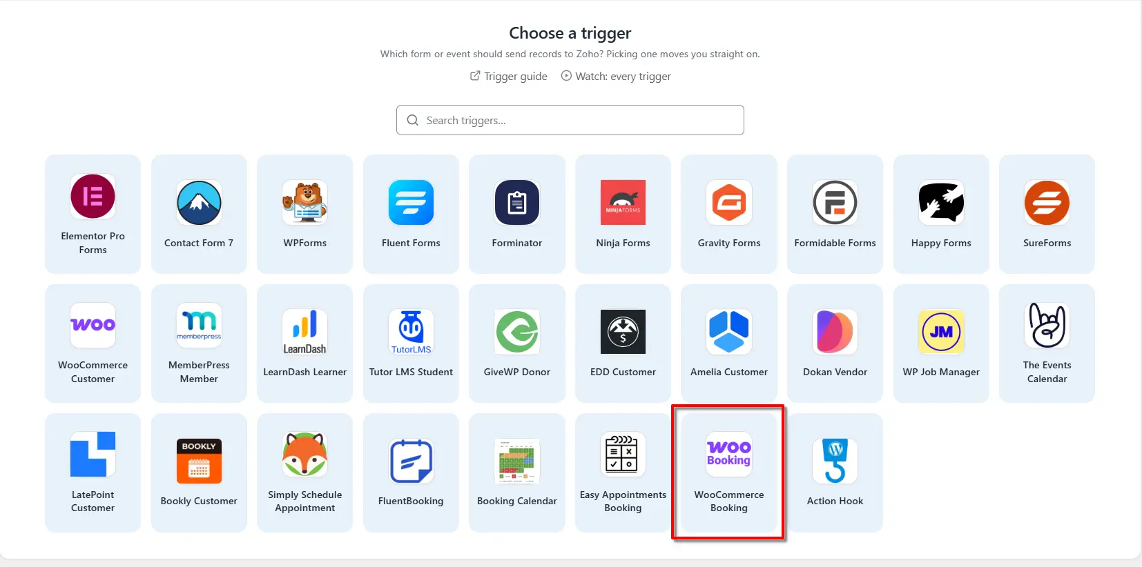 WooCommerce Booking Zoho Integration: Send Bookings to Zoho 2 WooCommerce Booking selected as the trigger app in FormBridge for Zoho