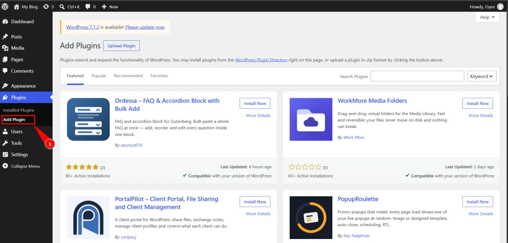 Plugins → Add New Plugin menu in the WordPress dashboard