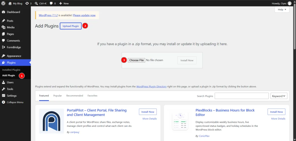 Upload Plugin button on the WordPress Add Plugins page