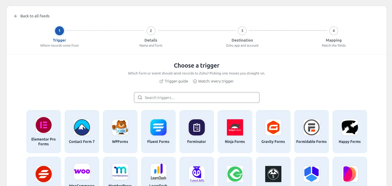 Choosing a WordPress form plugin trigger in the FormBridge feed editor