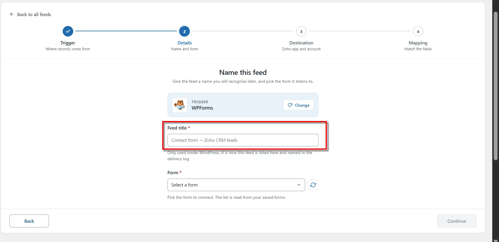 WPForms Zoho Integration: Send Form Data to Zoho 3 Feed title field on the add feed screen in FormBridge for Zoho