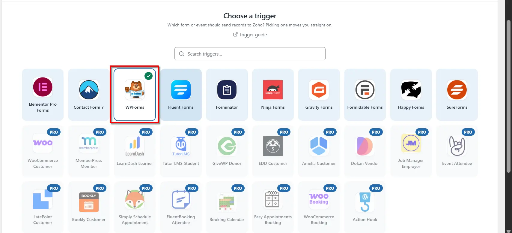WPForms Zoho Integration: Send Form Data to Zoho 2 WPForms selected as the trigger app in FormBridge for Zoho