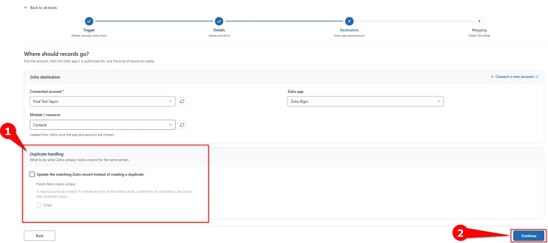 Duplicate check settings for Zoho Bigin records in FormBridge for Zoho