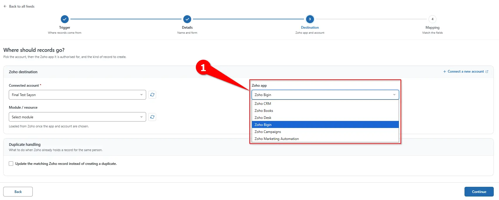 Zoho App dropdown with Zoho Bigin selected in FormBridge for Zoho