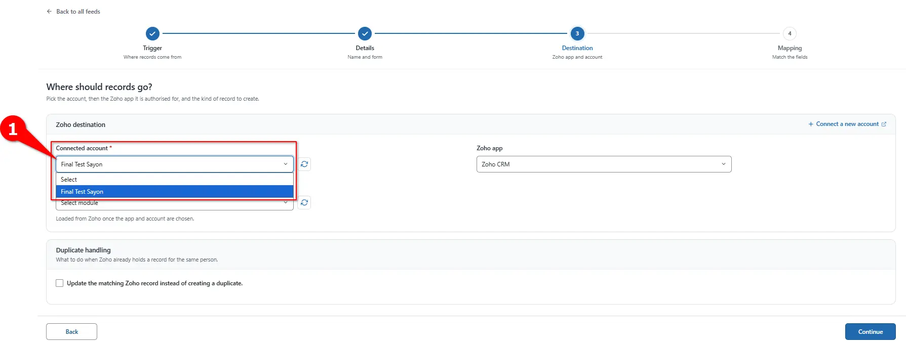 Connected account dropdown for Zoho Bigin in FormBridge for Zoho