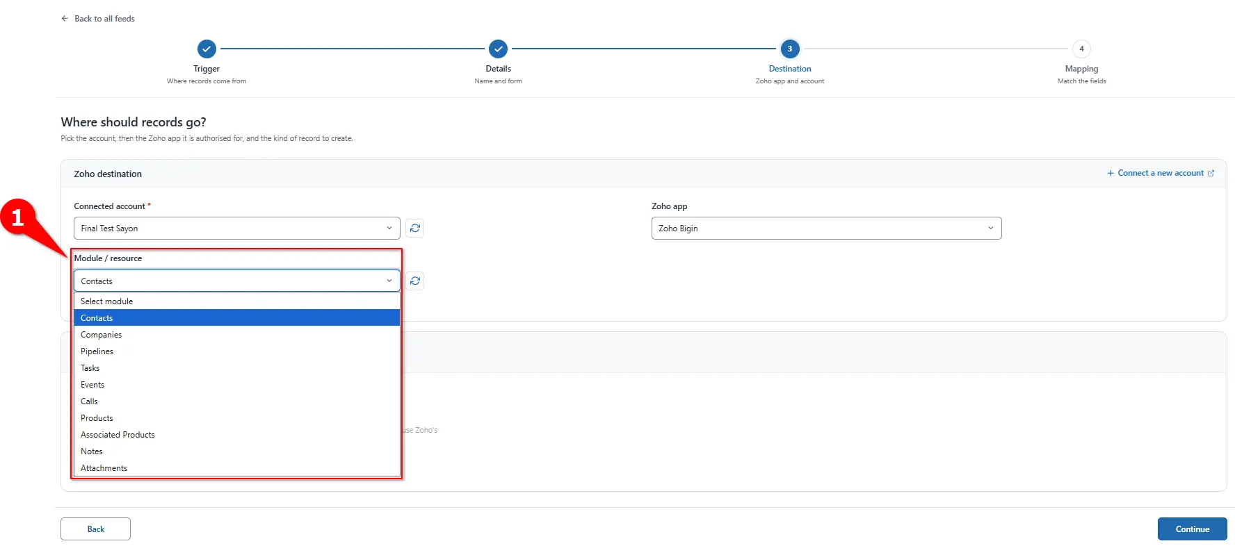 Module / resource dropdown for choosing a Zoho Bigin module