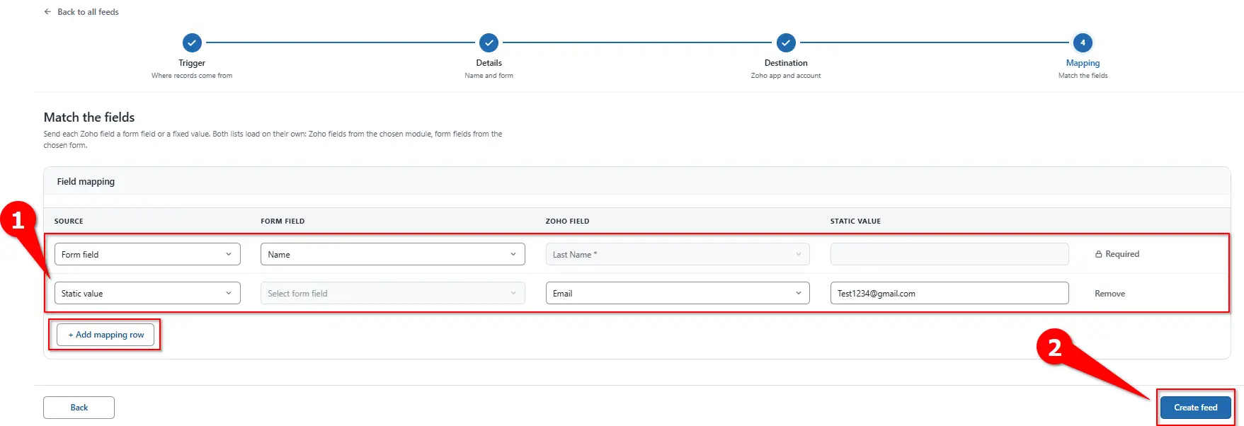 Static value mapping and Create feed button for Zoho Bigin