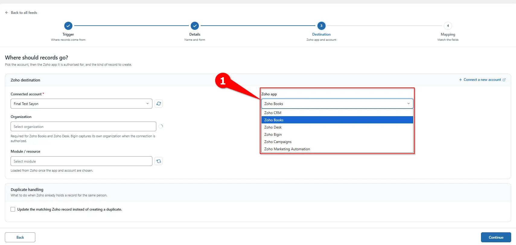 Zoho App dropdown with Zoho Books selected