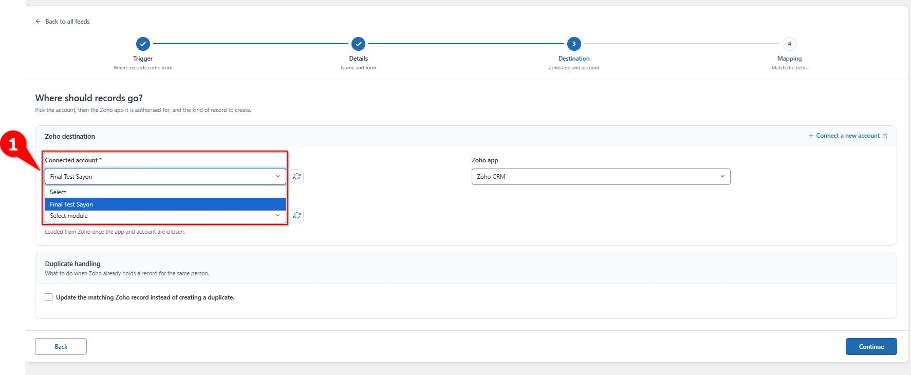 Connected account dropdown for Zoho Books in FormBridge for Zoho