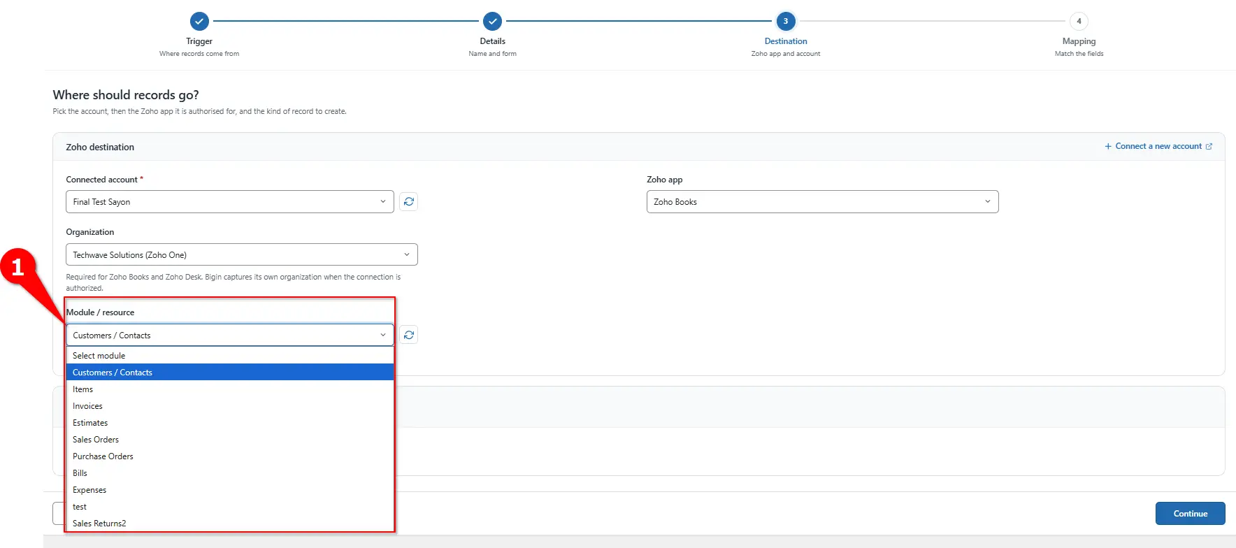 Module / resource dropdown for choosing a Zoho Books module