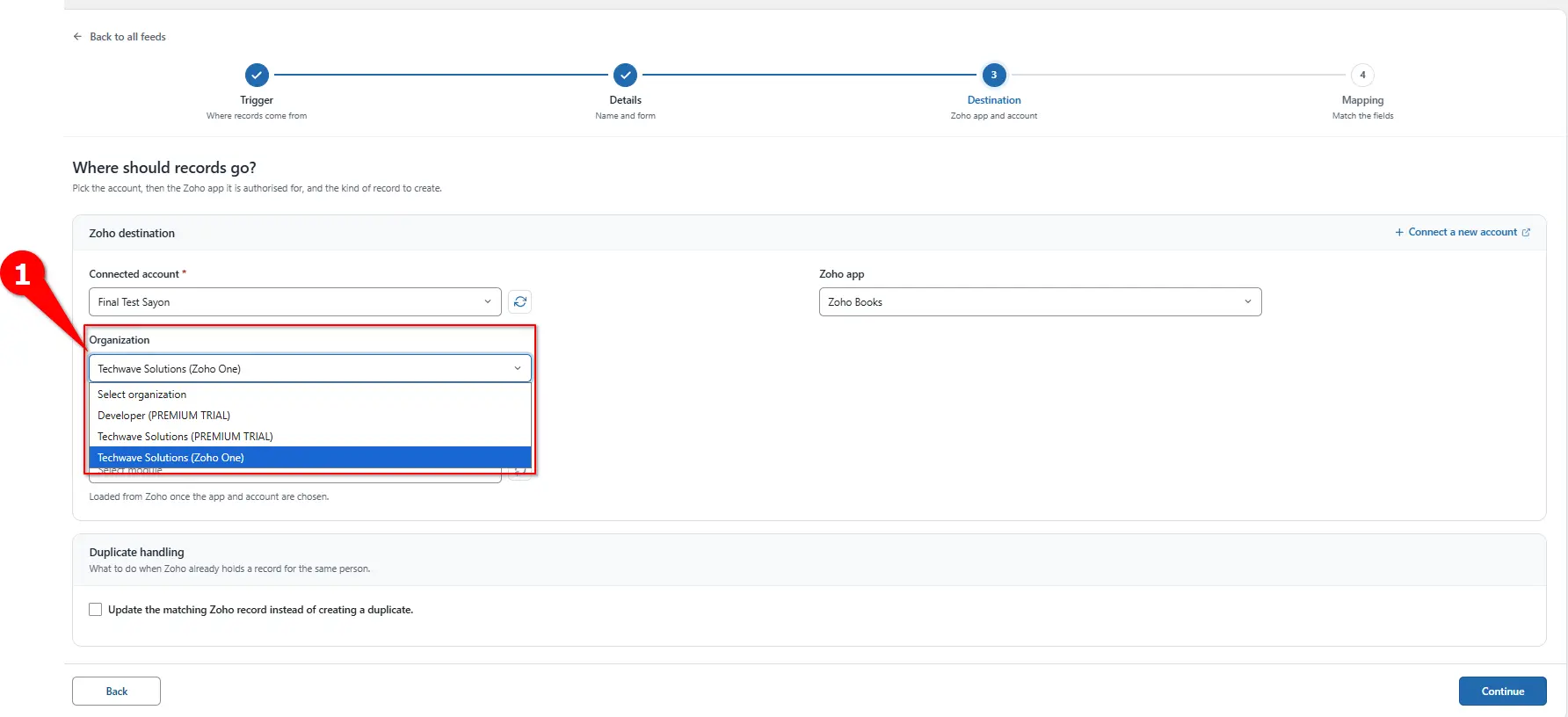 Organization dropdown for choosing a Zoho Books organization in FormBridge for Zoho