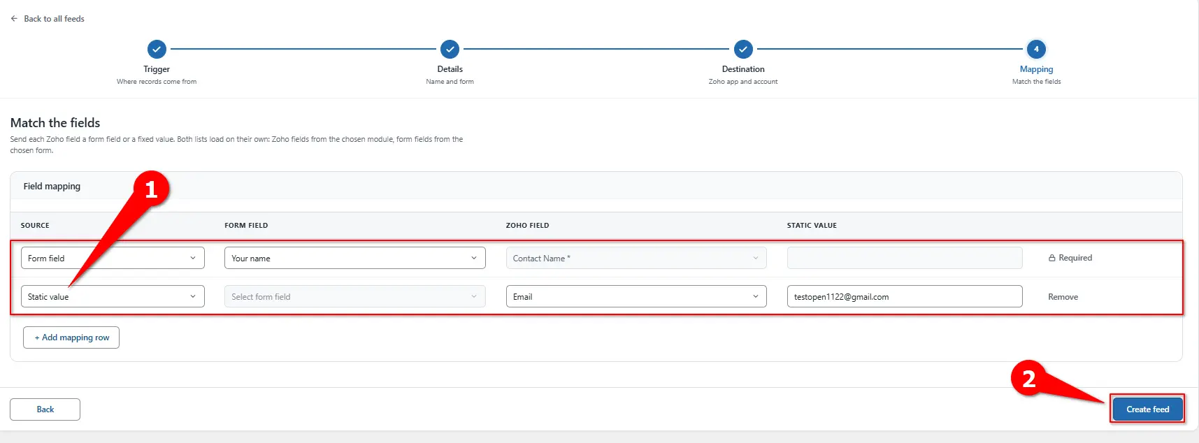 Mapping row set to a static value for a Zoho Books field