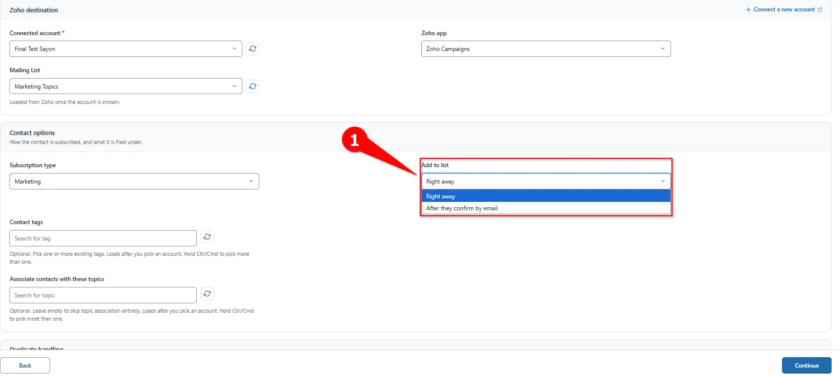 Add to list dropdown with Right away and After they confirm by email options for Zoho Campaigns