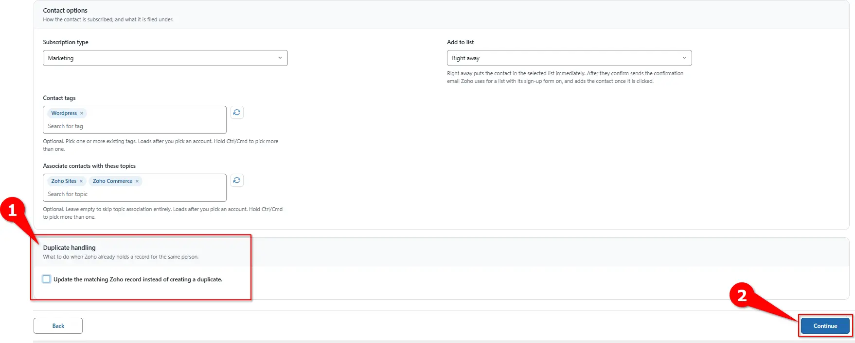 Duplicate check settings for Zoho Campaigns contacts in FormBridge for Zoho
