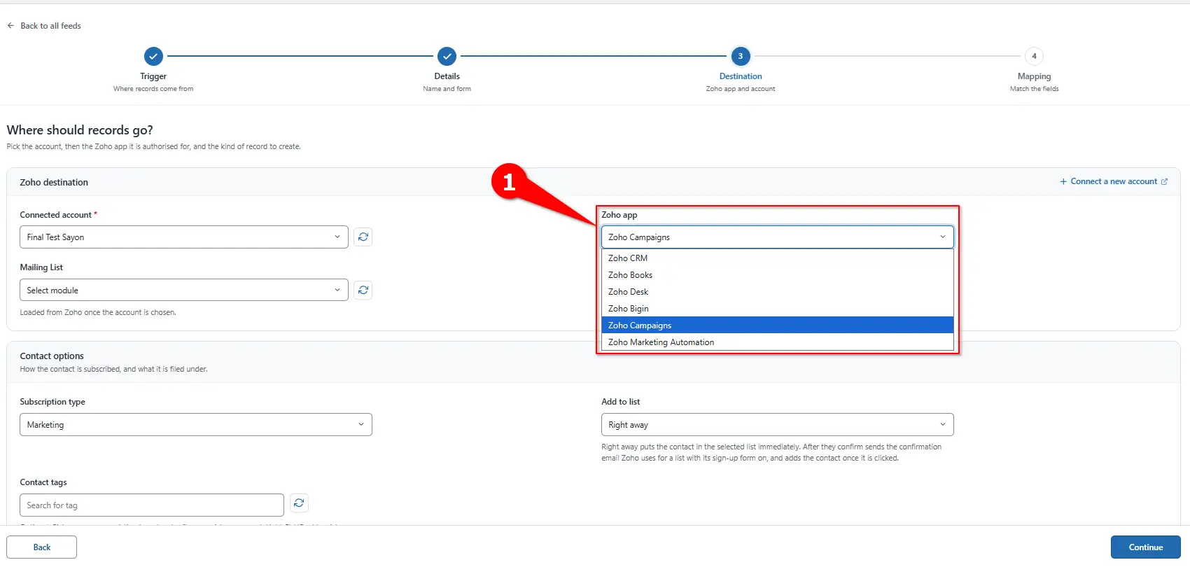 Zoho App dropdown with Zoho Campaigns selected