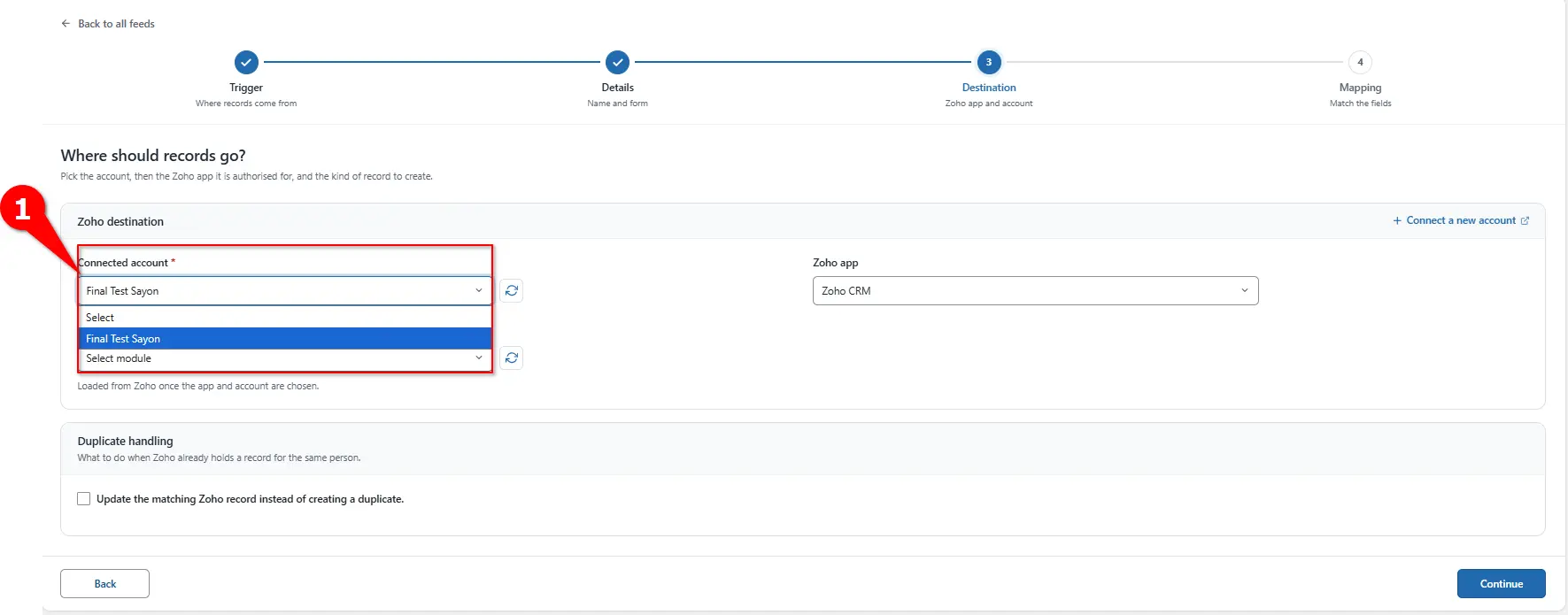 Connected account dropdown for Zoho Campaigns in FormBridge for Zoho