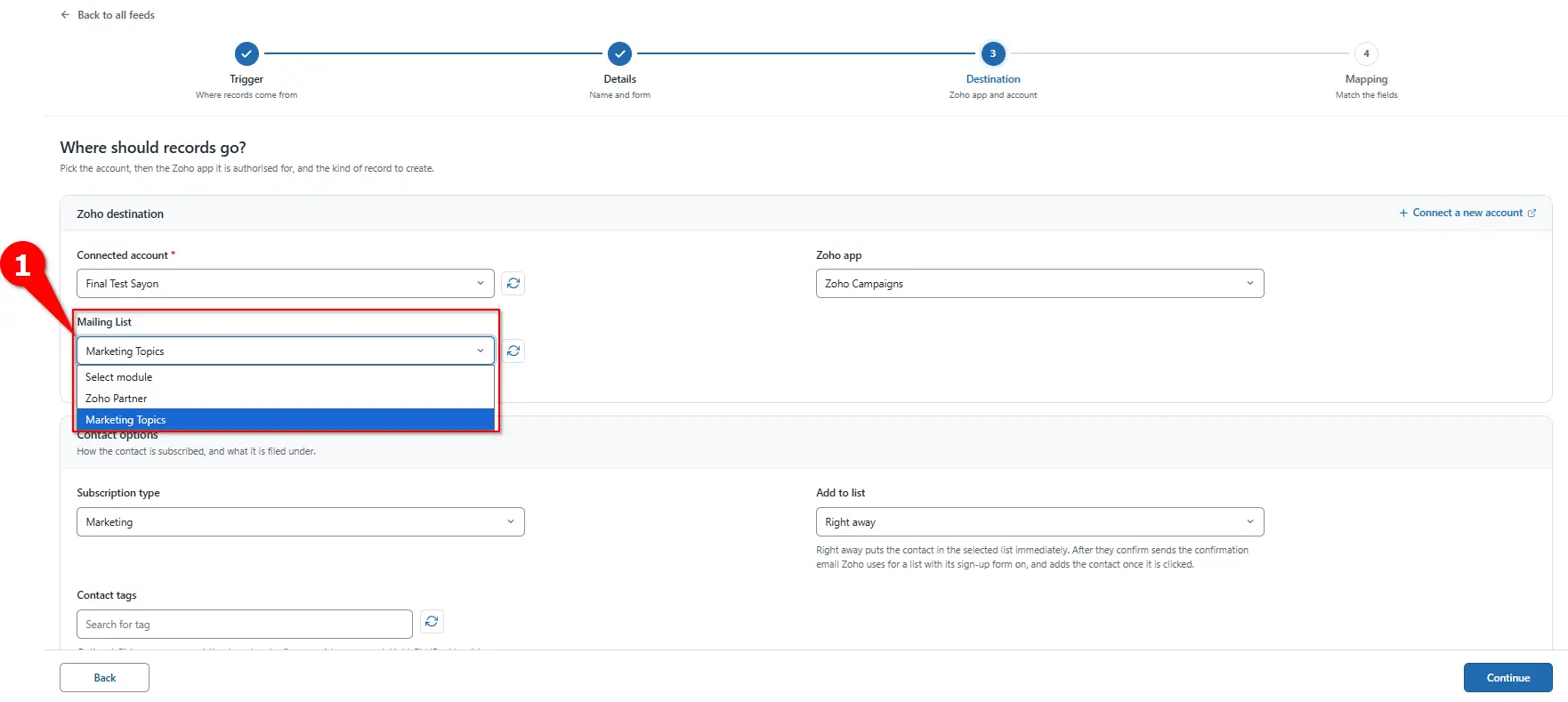 Mailing List dropdown for choosing a Zoho Campaigns list