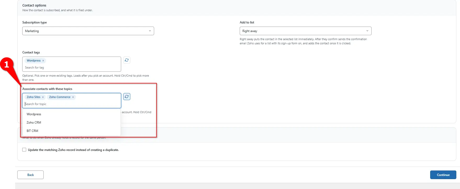 Topics field for associating subscribers with Zoho Campaigns topics