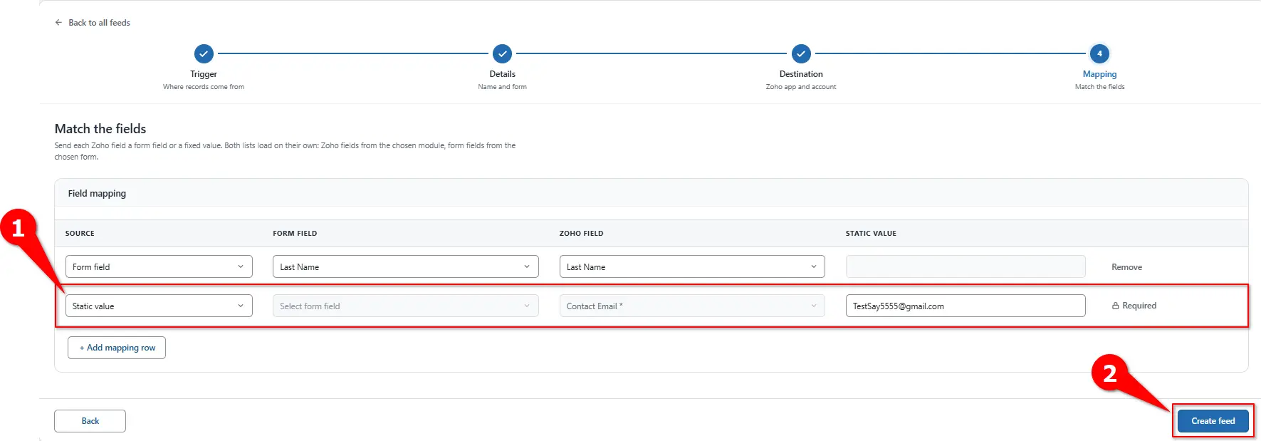 Static value mapping and Create feed button for Zoho Campaigns