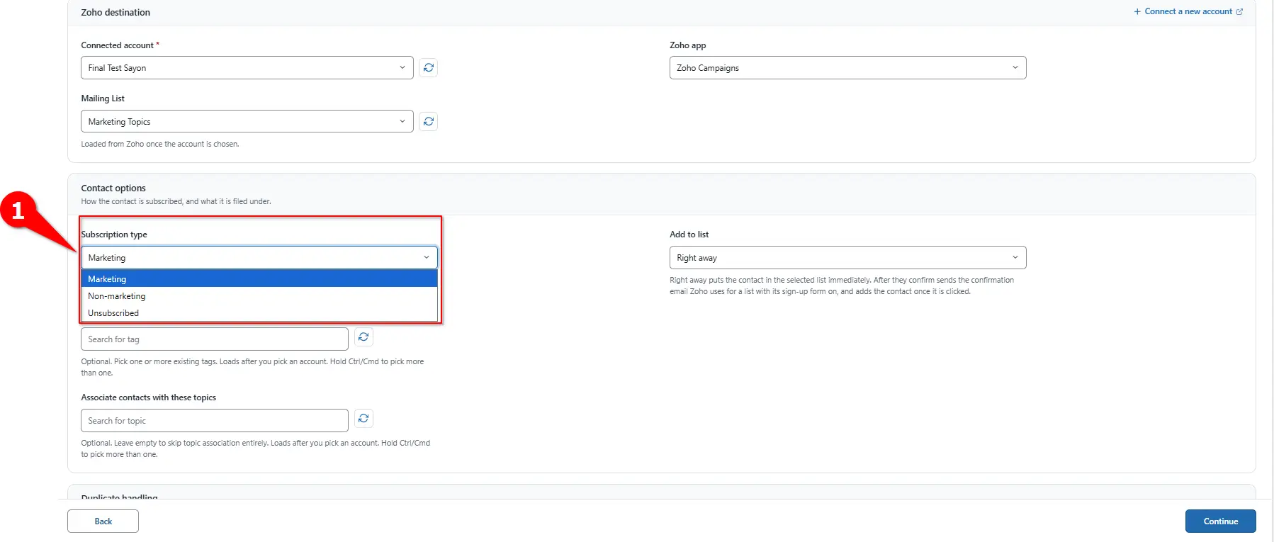 Subscription Type dropdown for new Zoho Campaigns subscribers