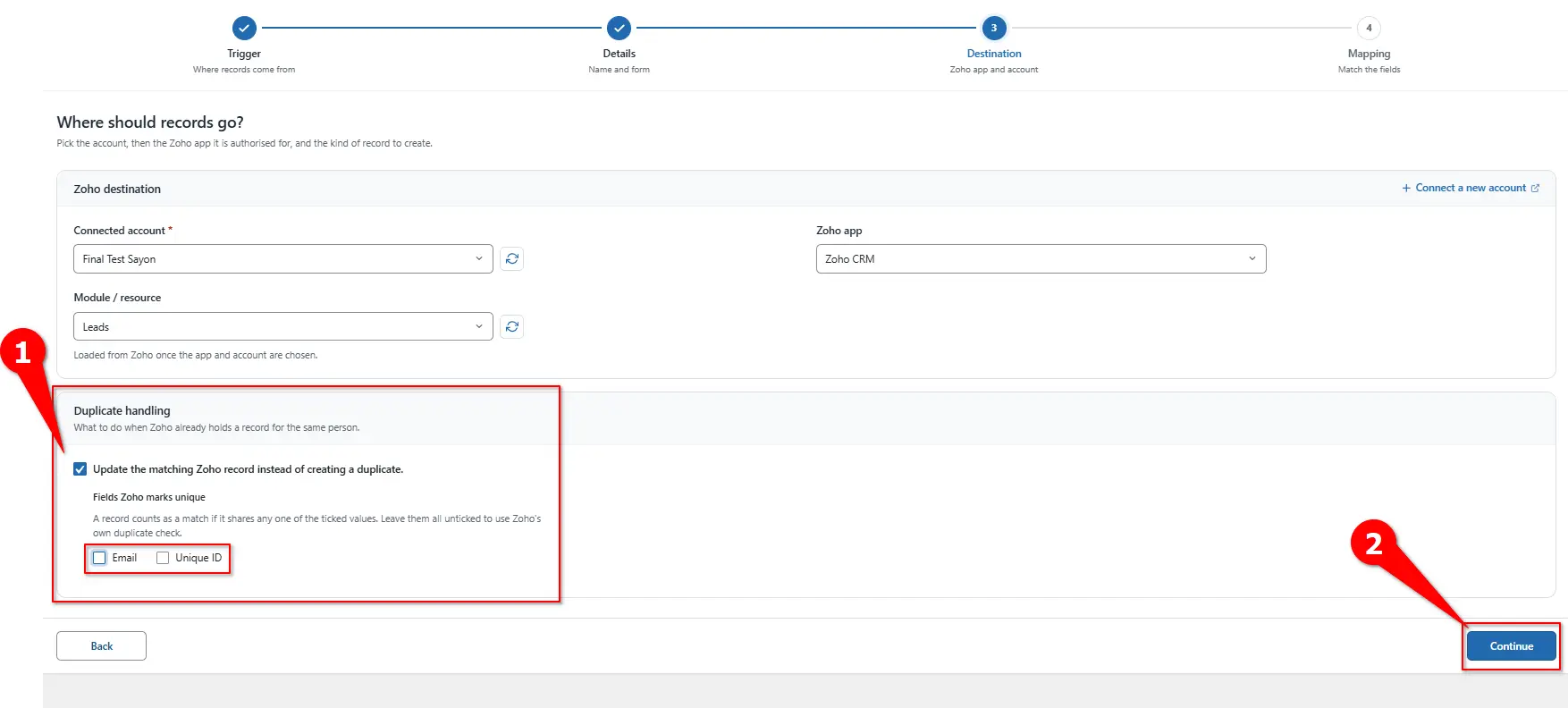 Zoho CRM duplicate handling settings in FormBridge for Zoho