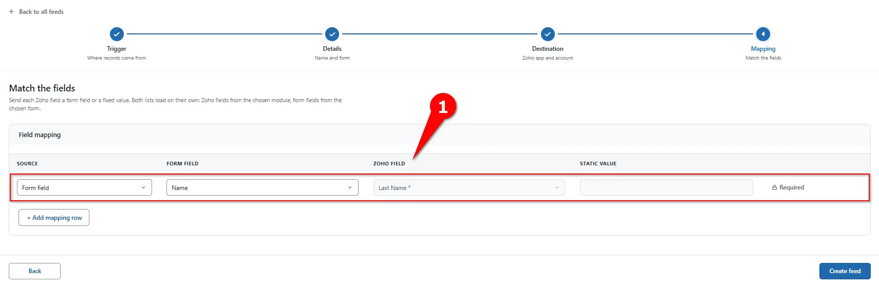 WordPress form fields mapped to Zoho CRM Lead fields in FormBridge