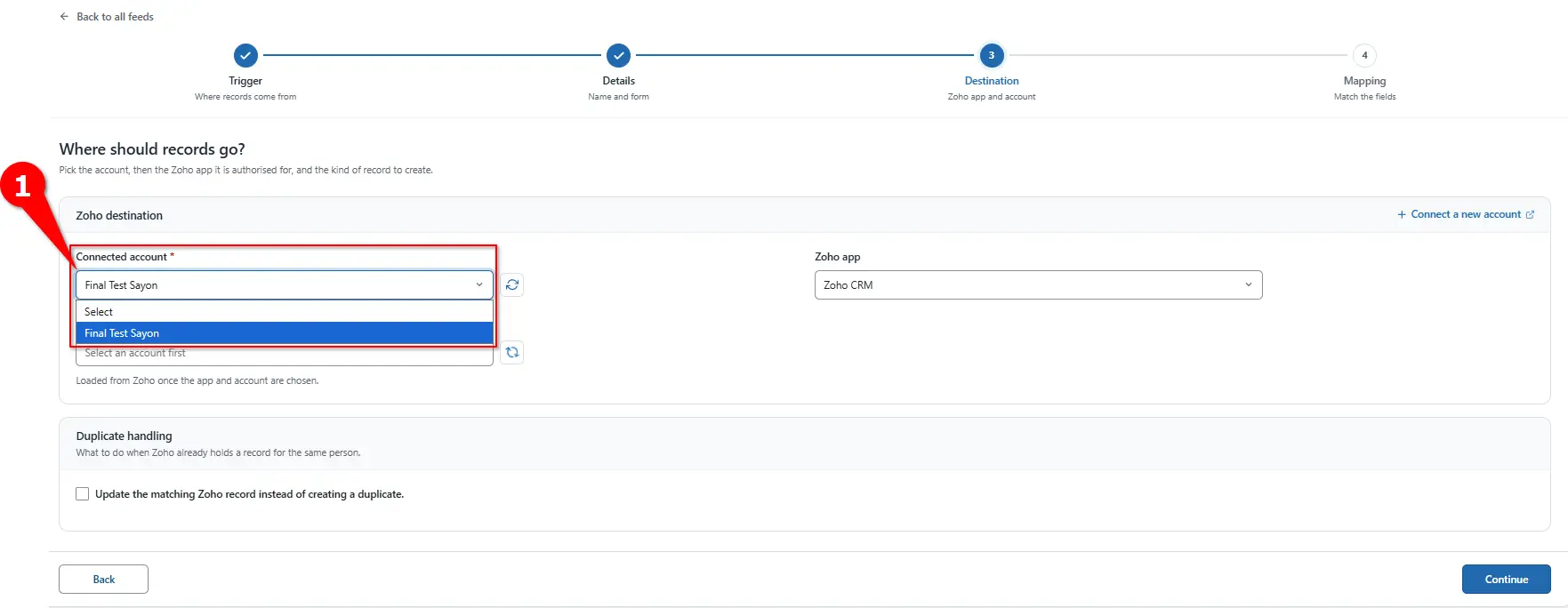 Connected account dropdown showing an authorised Zoho account in FormBridge for Zoho