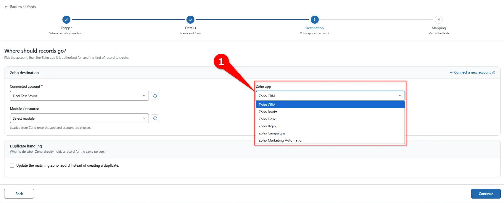 Zoho App dropdown with Zoho CRM selected in FormBridge for Zoho