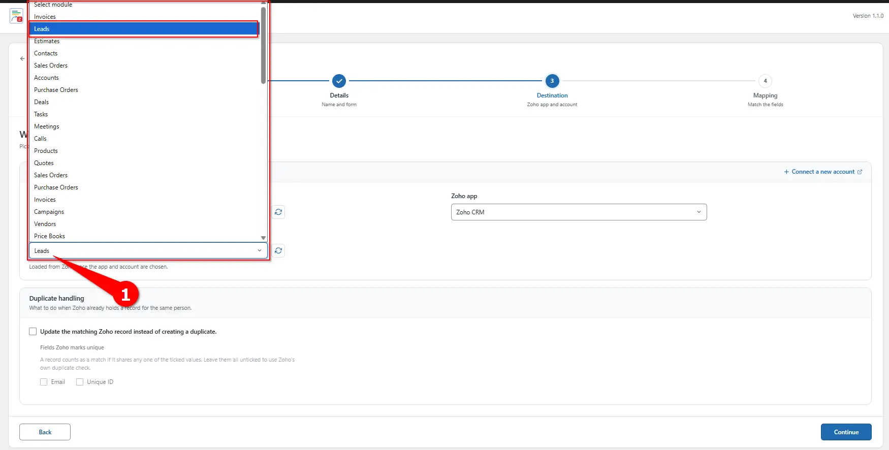 Module dropdown with the Zoho CRM Leads module selected