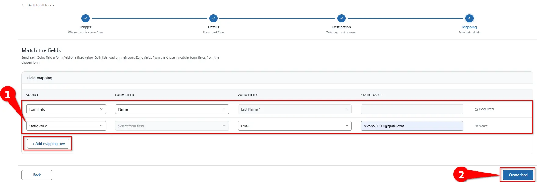 Mapping row set to a static value for a Zoho CRM field