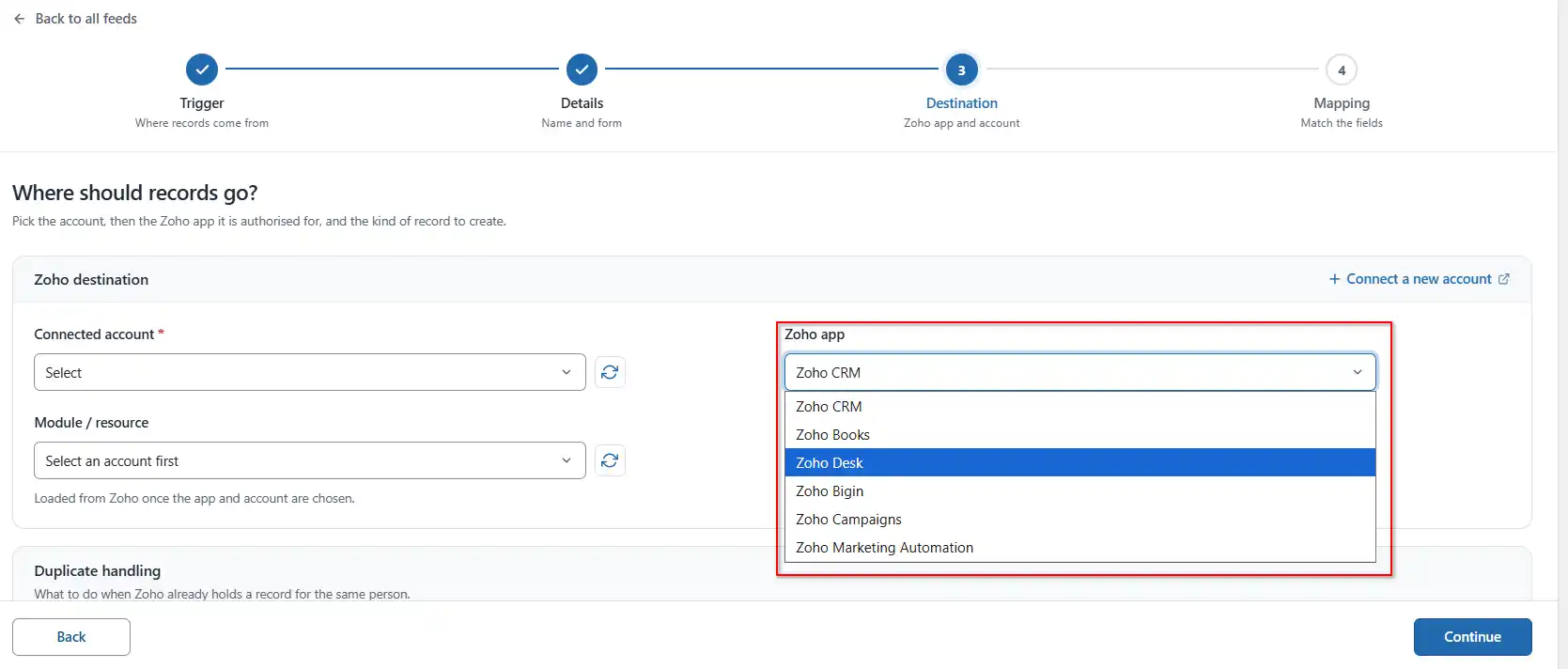 Zoho App dropdown with Zoho Desk selected in FormBridge for Zoho