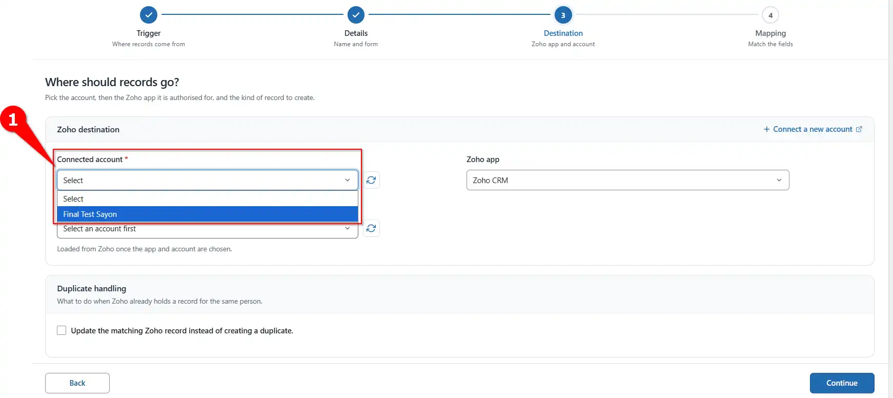 Connected account dropdown for Zoho Desk in FormBridge for Zoho