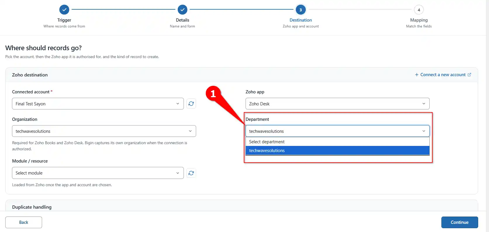 Department dropdown for routing records in Zoho Desk