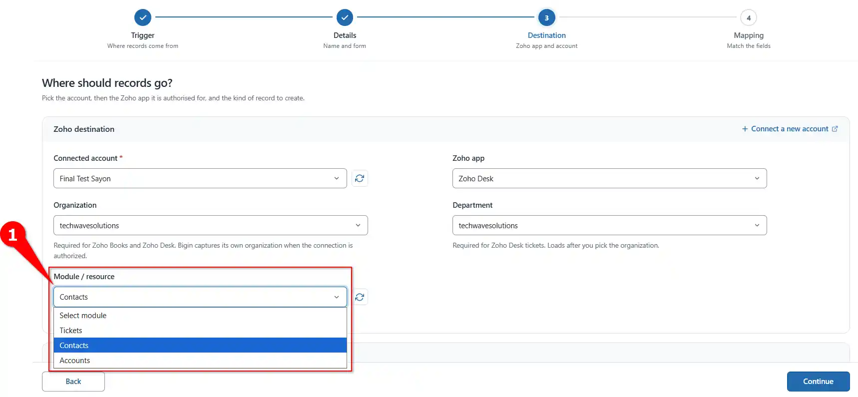 Module / resource dropdown for choosing a Zoho Desk module