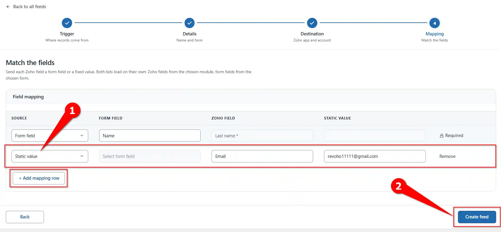 Static value mapping and Create feed button for Zoho Desk