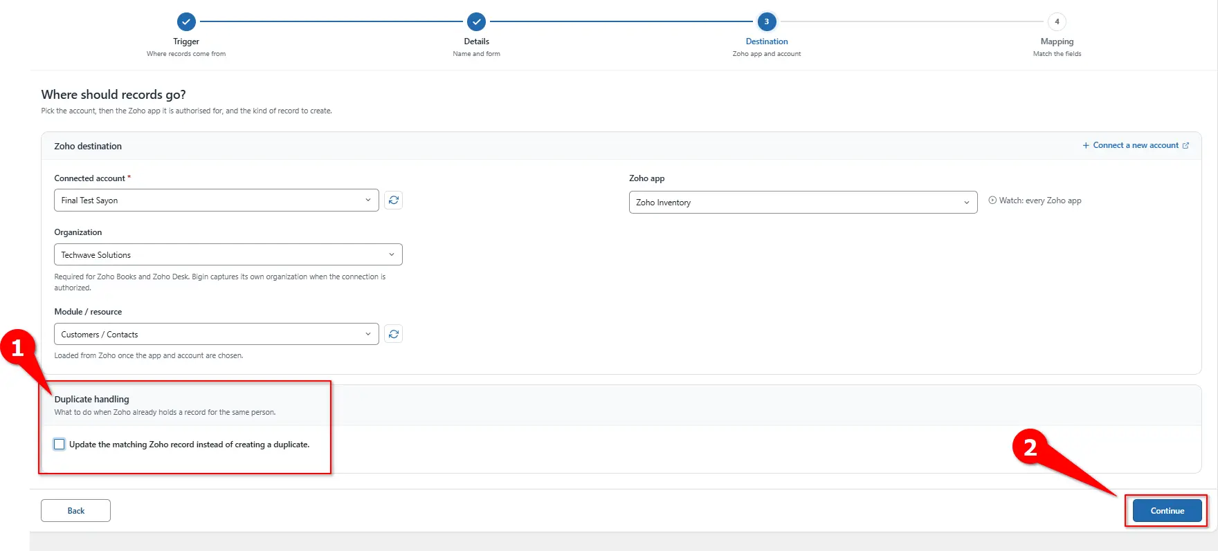 WordPress to Zoho Inventory Integration 5 Duplicate handling checkbox for updating matching Zoho Inventory records