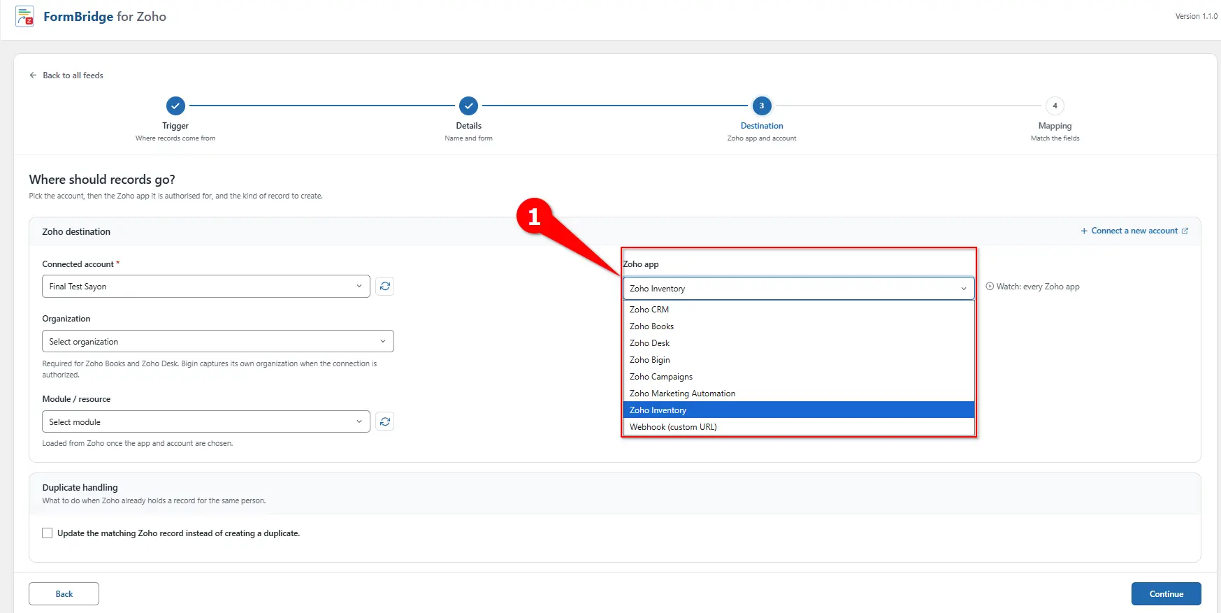 WordPress to Zoho Inventory Integration 2 Zoho app dropdown with Zoho Inventory selected in FormBridge for Zoho