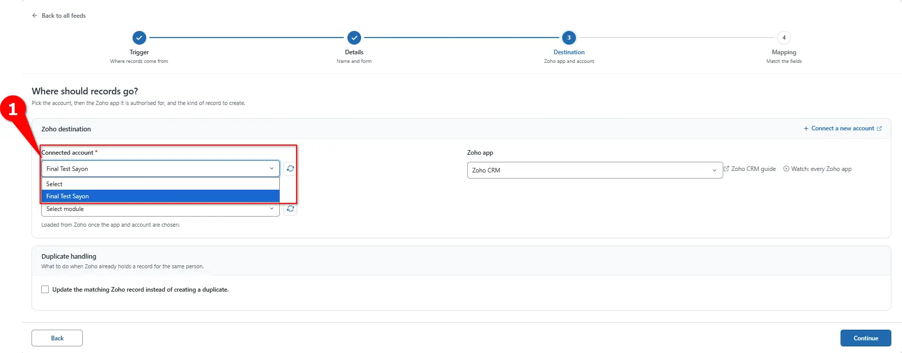 WordPress to Zoho Inventory Integration 1 Connected account dropdown for Zoho Inventory in FormBridge for Zoho