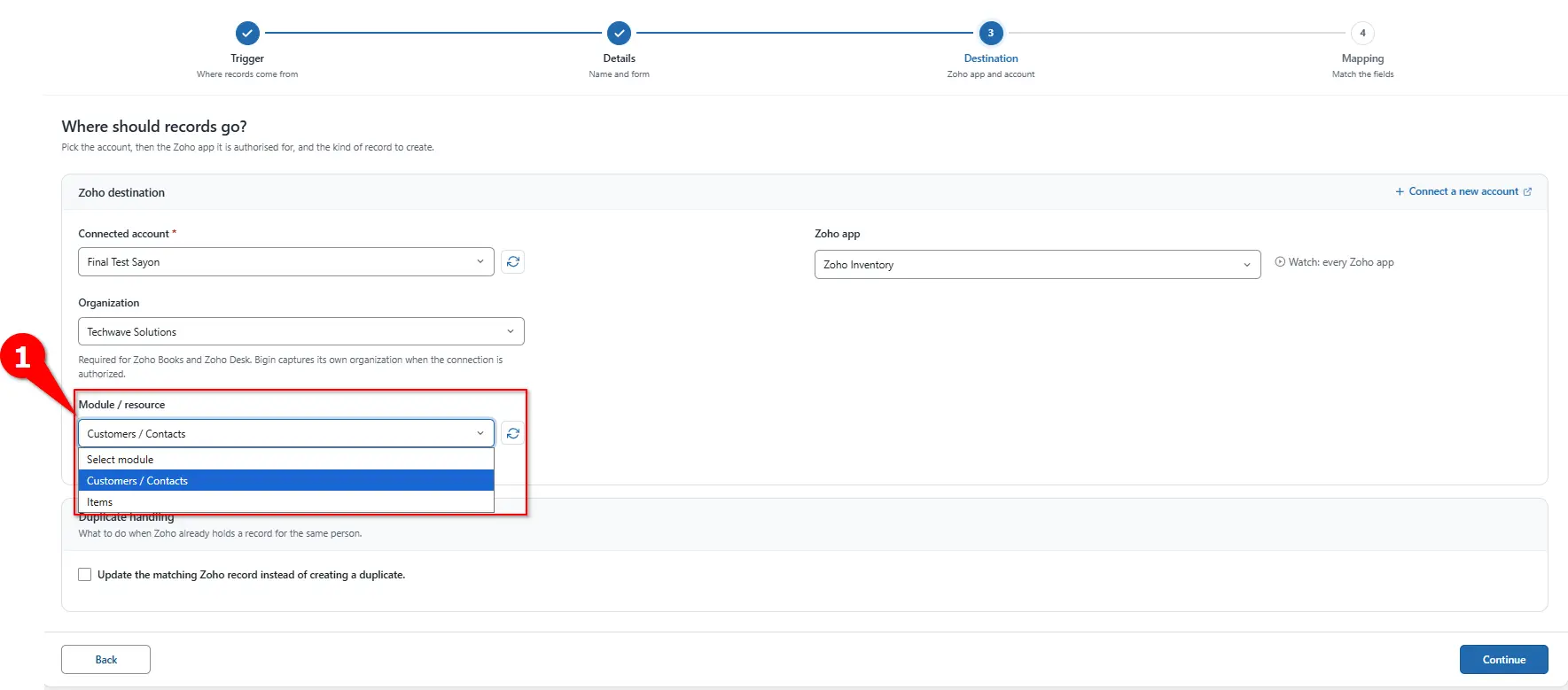 WordPress to Zoho Inventory Integration 4 Module / resource dropdown with Customers / Contacts selected for Zoho Inventory