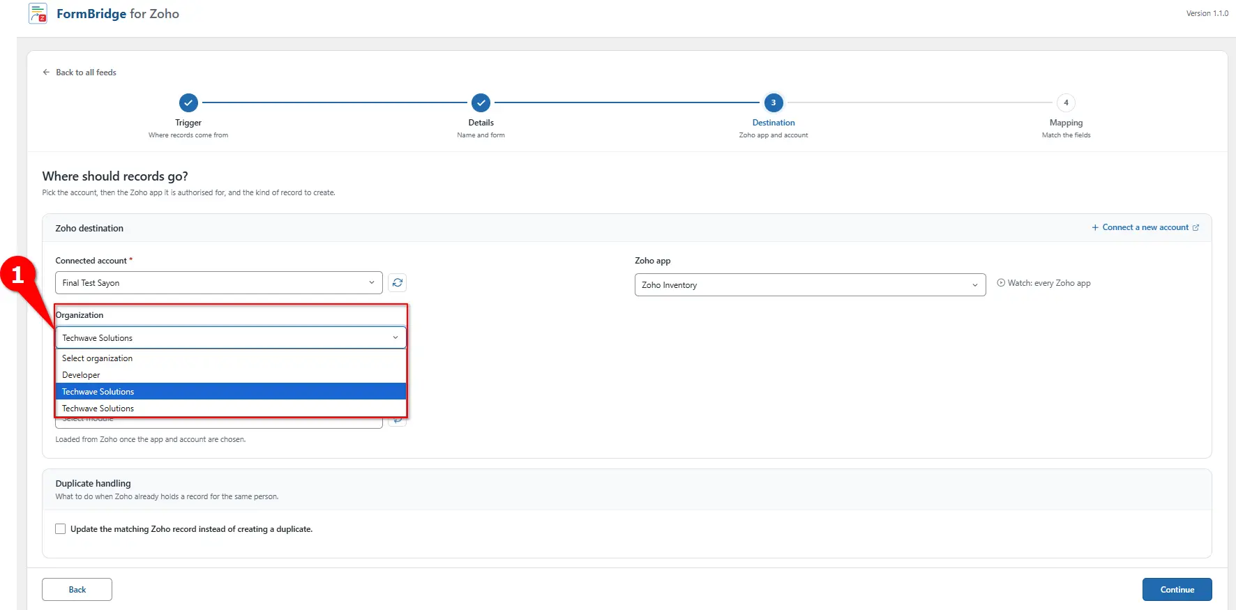 WordPress to Zoho Inventory Integration 3 Organization dropdown for choosing a Zoho organization in FormBridge for Zoho