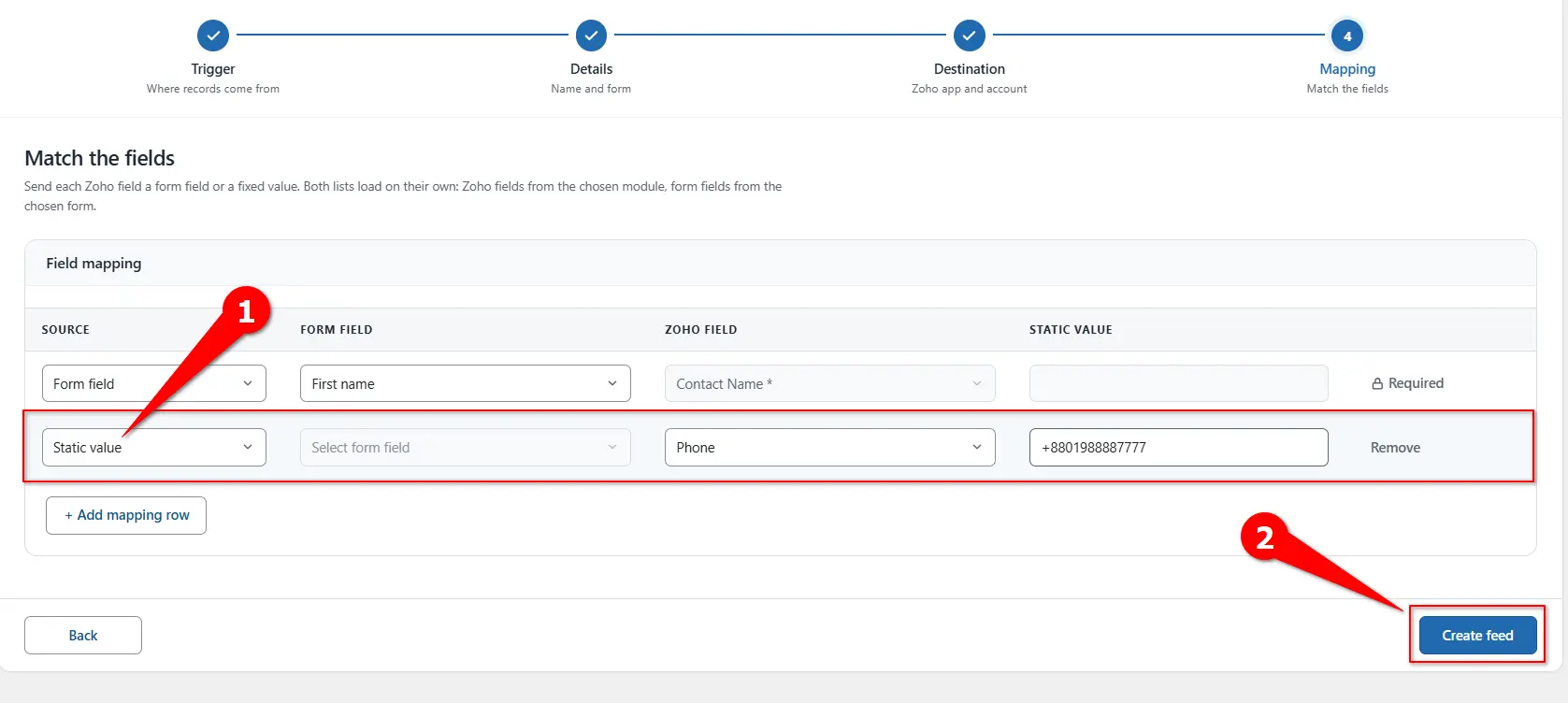 WordPress to Zoho Inventory Integration 7 Mapping row set to a static value for a Zoho Inventory field