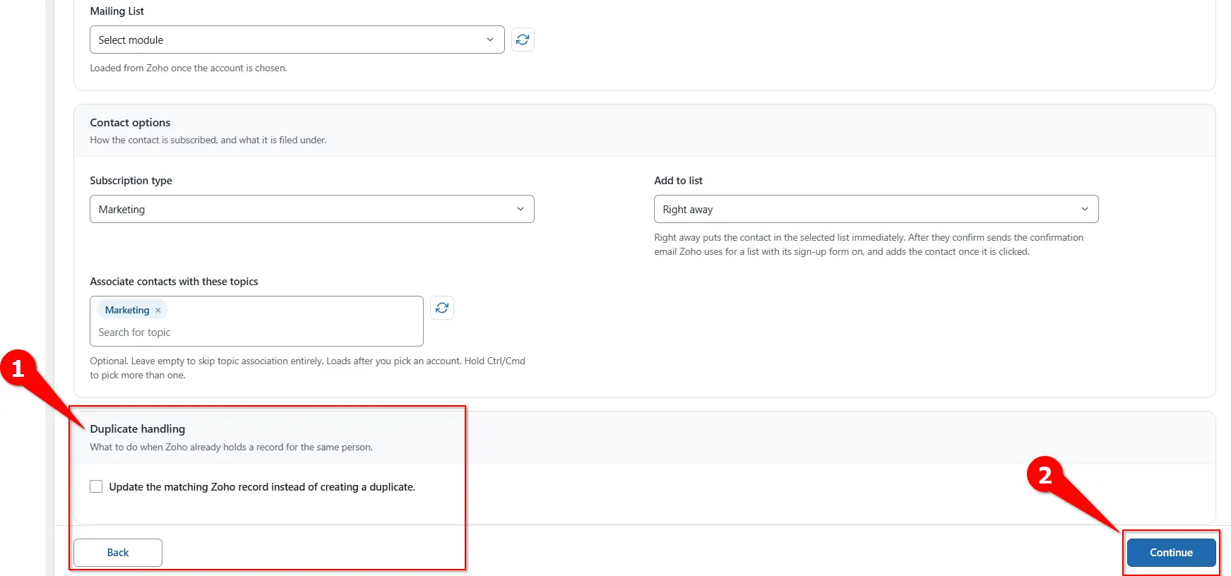 Duplicate check settings for Zoho Marketing Automation leads