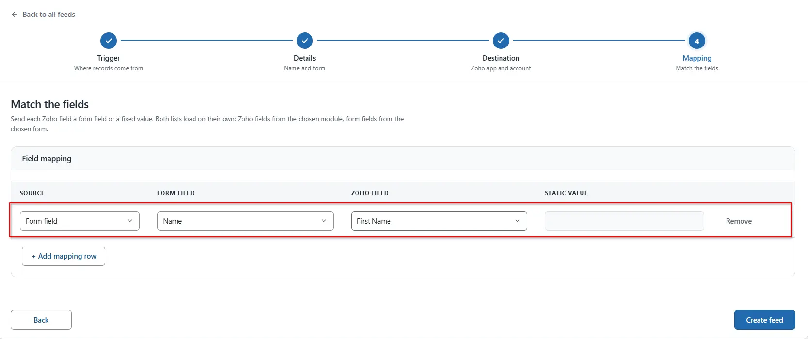 WordPress form fields mapped to Zoho Marketing Automation lead fields