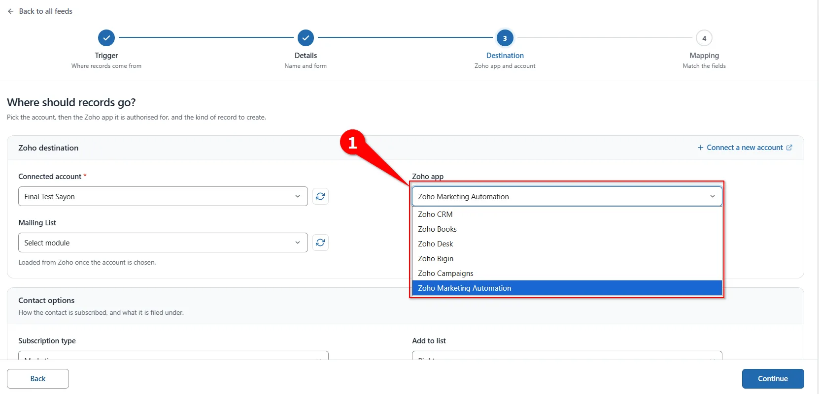 Zoho App dropdown with Zoho Marketing Automation selected